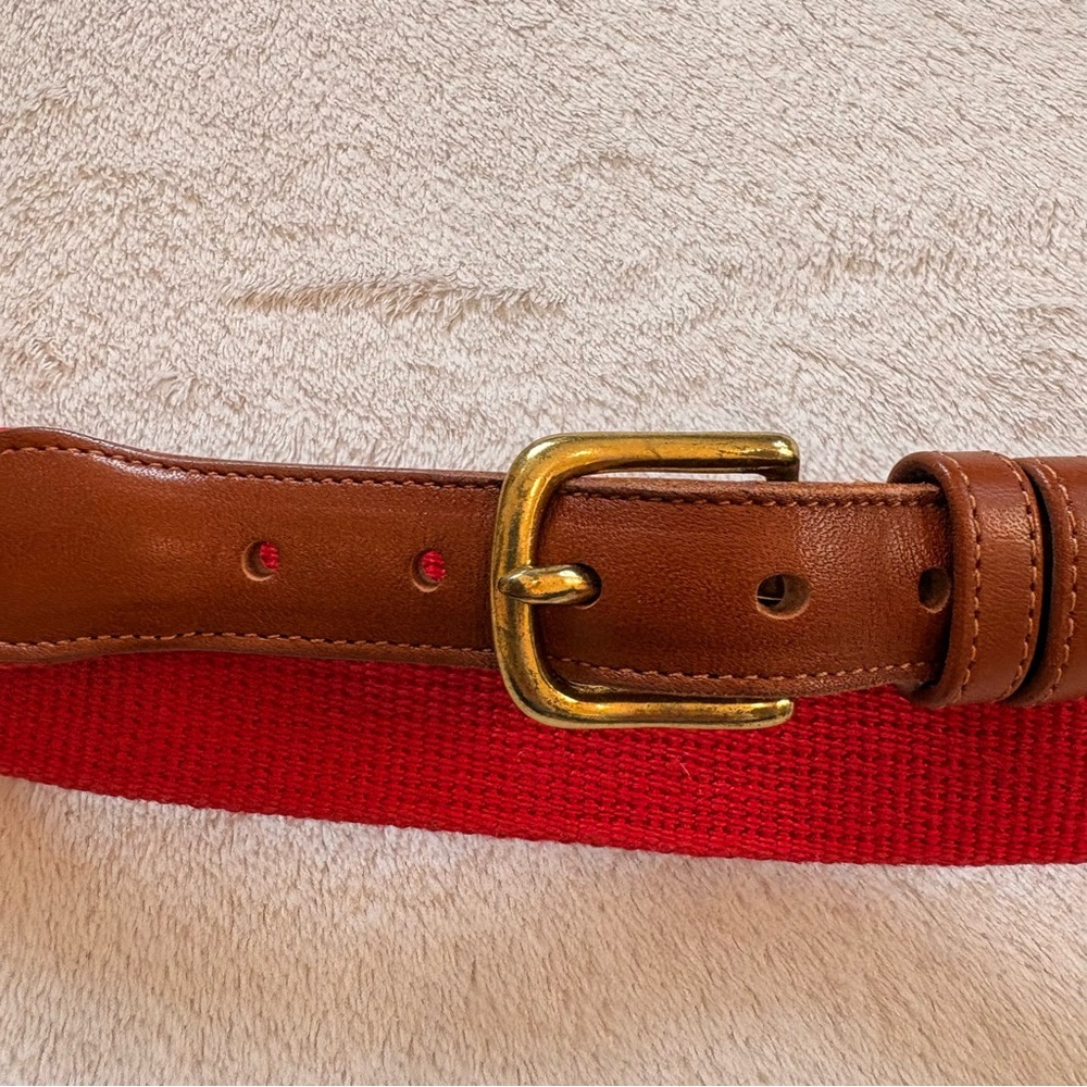 Coach Brown Leather & Red Linen Canvas Men’s Belt with Gold Brass Buckle Sz 38